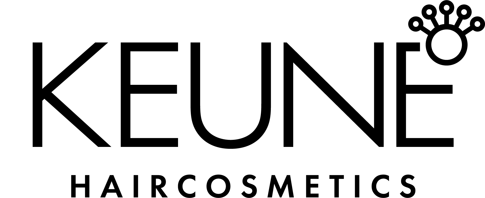Keune Haircosmetics logo in black, featuring the word “KEUNE” with a circular molecular-style icon above the letter “E”, and “HAIRCOSMETICS” written below.