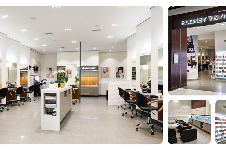 A collage of images showcasing the interior of the Rodney Wayne Queensgate hair salon, featuring a modern, stylish design with hair spa, service areas, product displays, and a reception desk.