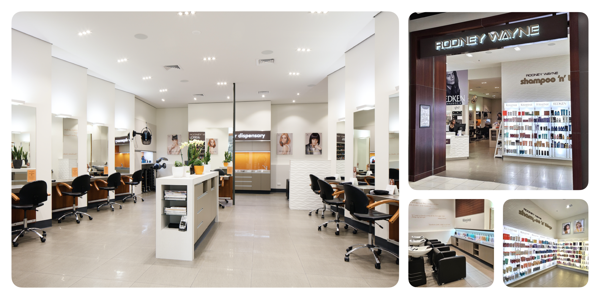 A collage of images showcasing the interior of the Rodney Wayne Queensgate hair salon, featuring a modern, stylish design with hair spa, service areas, product displays, and a reception desk.