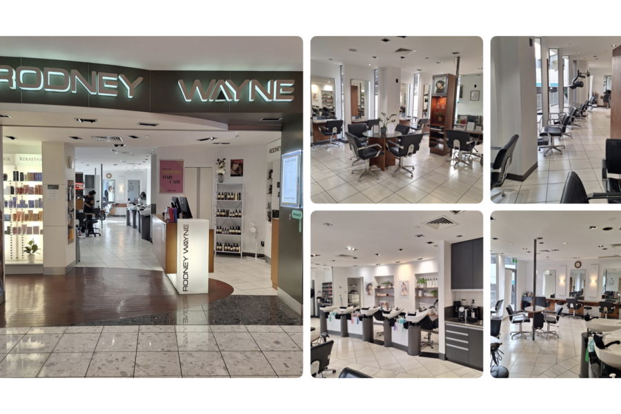 A collage of images showcasing the interior of the Rodney Wayne St Lukes hair salon, featuring a modern, stylish design with various service areas, product displays, and a reception desk.