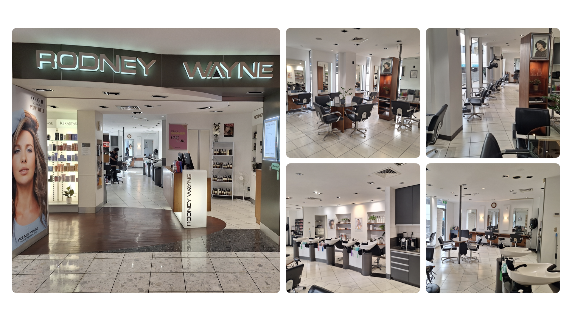 A collage of images showcasing the interior of the Rodney Wayne St Lukes hair salon, featuring a modern, stylish design with various service areas, product displays, and a reception desk.