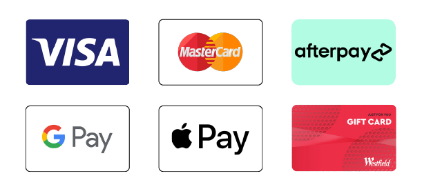 A set of icons representing different payment methods. The icons include Visa, MasterCard, Afterpay, Google Pay, and Apple Pay.