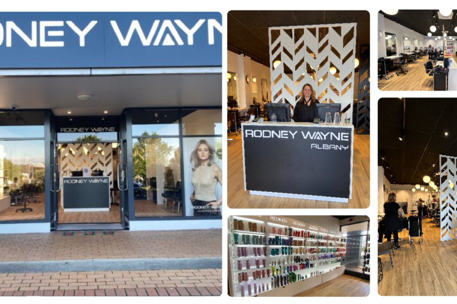 Front and interior views of Rodney Wayne Albany salon, featuring the store's signage, reception area, product displays, and salon floor with chairs and washbasins.