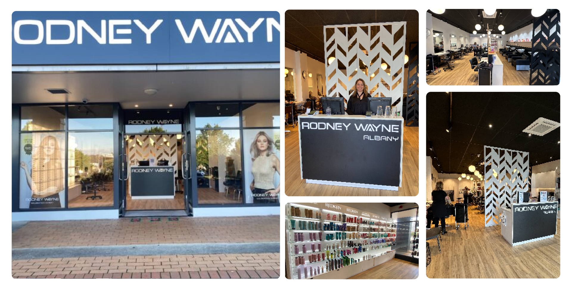 Front and interior views of Rodney Wayne Albany salon, featuring the store's signage, reception area, product displays, and salon floor with chairs and washbasins.