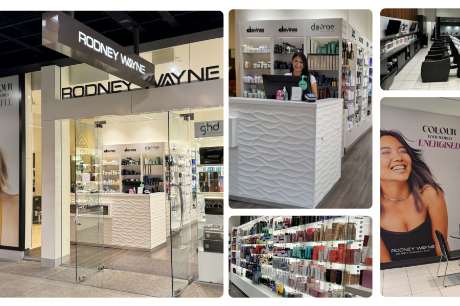 A collage of images showing the exterior and interior of Rodney Wayne Botany salon. The storefront features large promotional posters with the slogans "Colour Your World Playful" and "Colour Your World Energised." The interior includes a well-organized retail section with hair care products, a reception desk, and a modern salon area with styling chairs and mirrors.