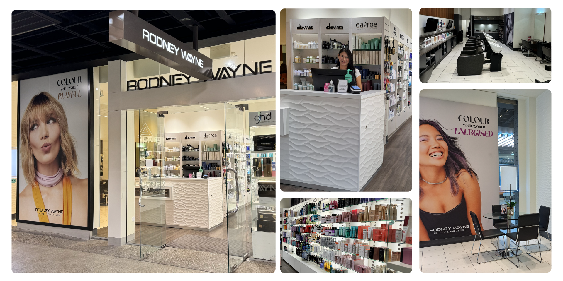 A collage of images showing the exterior and interior of Rodney Wayne Botany salon. The storefront features large promotional posters with the slogans "Colour Your World Playful" and "Colour Your World Energised." The interior includes a well-organized retail section with hair care products, a reception desk, and a modern salon area with styling chairs and mirrors.