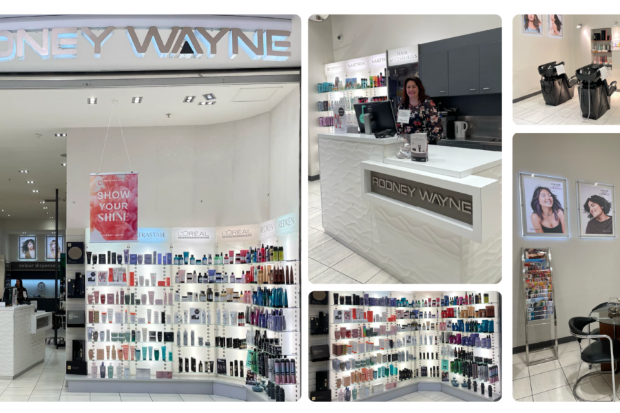 Interior and exterior views of Rodney Wayne Hornby salon, showcasing the product display, reception desk, hair washing stations, and seating area.