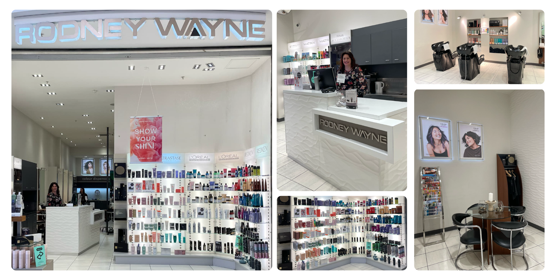 Interior and exterior views of Rodney Wayne Hornby salon, showcasing the product display, reception desk, hair washing stations, and seating area.