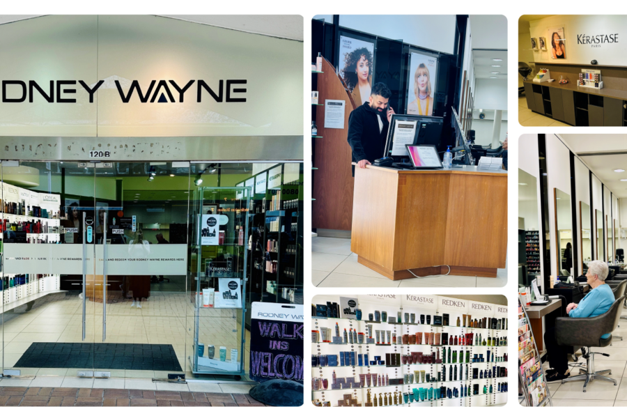 Interior and exterior views of Rodney Wayne Lambton Quay salon, showcasing the product display, reception desk, hair spa area, and seating area.