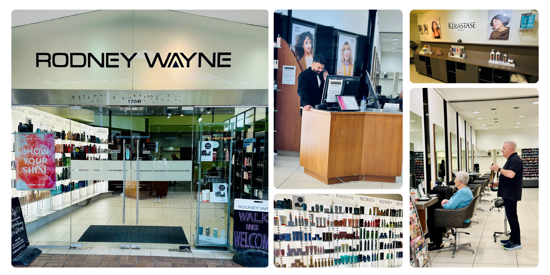 Interior and exterior views of Rodney Wayne Lambton Quay salon, showcasing the product display, reception desk, hair spa area, and seating area.