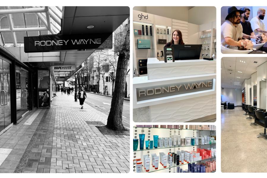 Collage of Rodney Wayne Manners salon images, featuring exterior and interior views including product displays and stylist stations.