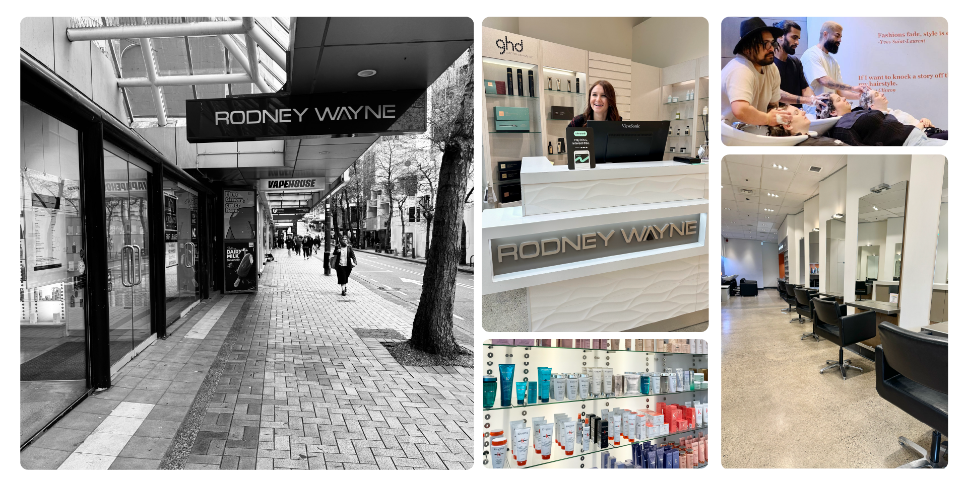 Collage of Rodney Wayne Manners salon images, featuring exterior and interior views including product displays and stylist stations.