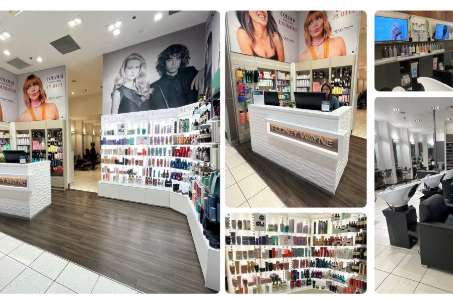 Rodney Wayne Sylvia Park salon interior featuring a product display, reception counter, hair-spa stations, and a colour dispensary.