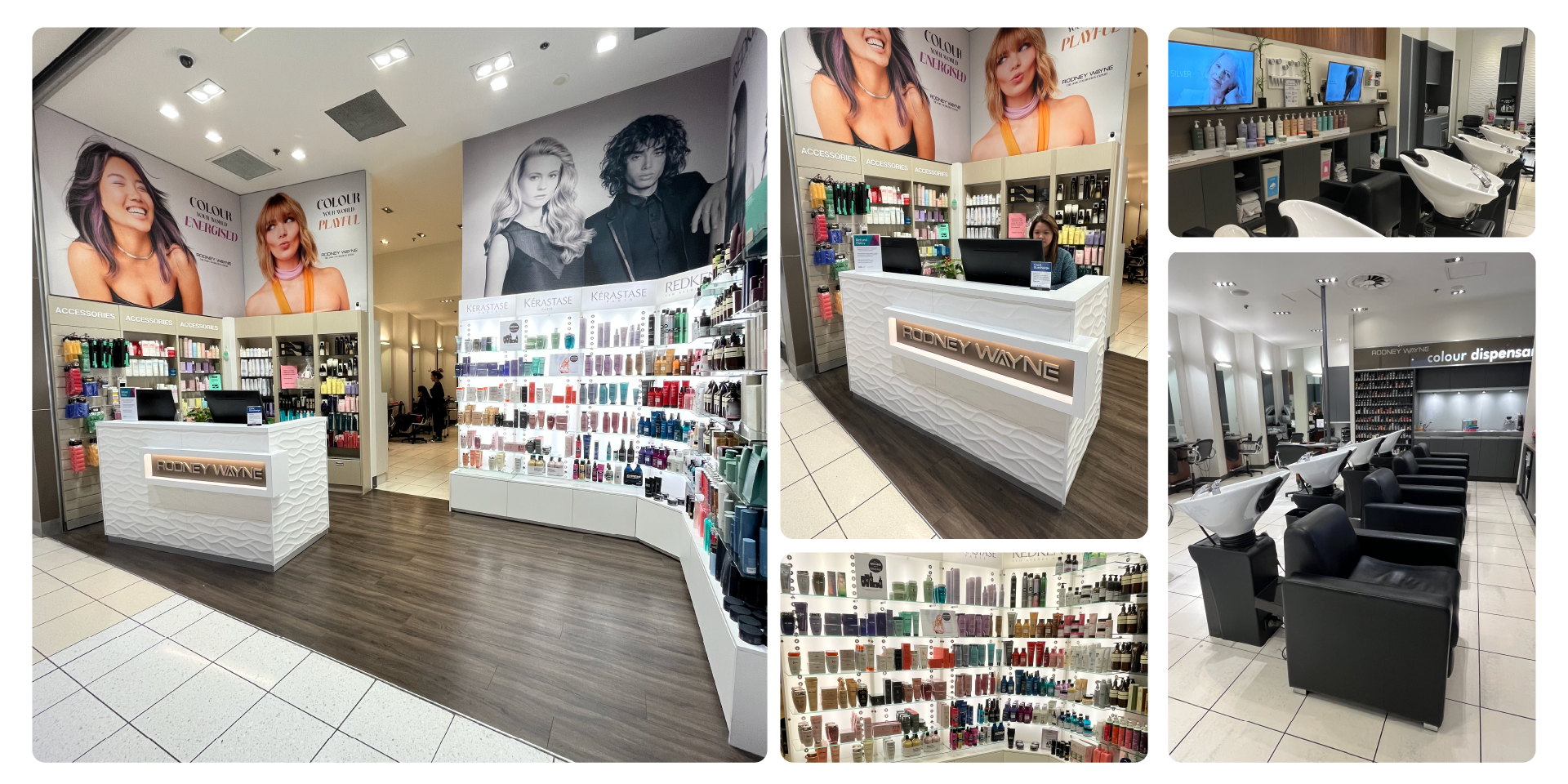 Rodney Wayne Sylvia Park salon interior featuring a product display, reception counter, hair-spa stations, and a colour dispensary.