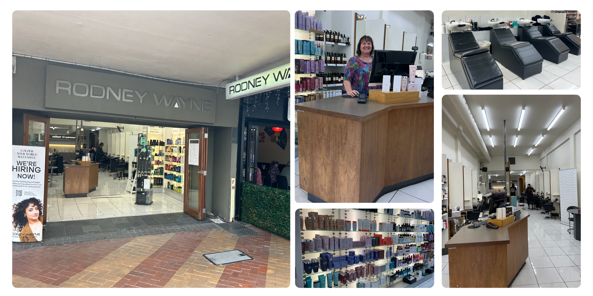 Rodney Wayne salon entrance with signage, receptionist desk, hair product display, and salon interior.