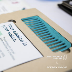 our shampoo bottle can become a wide tooth comb, crafted entirely from 100% recycled plastic collected from the Sustainable Salons network and made available again at your Rodney Wayne salon.