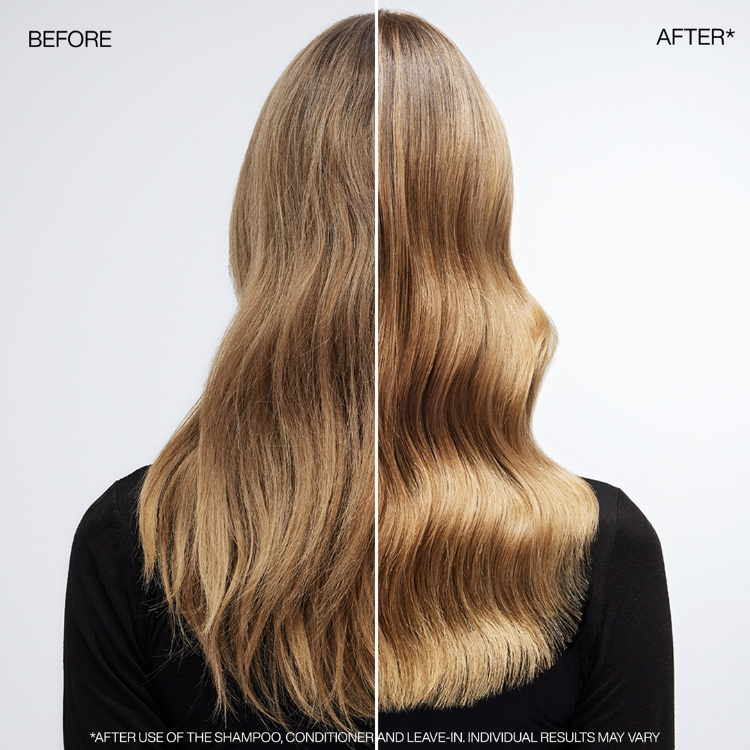 Before and After showing shiny hair results after using Redken Acidic Color Gloss Shampoo, Conditioner and Leave-in Treatment